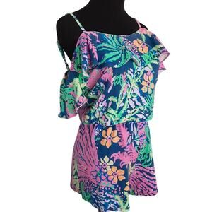 Lilly Pulitzer Klea Romper Off the Shoulder Ruffle Indigo All The Glow Womens S